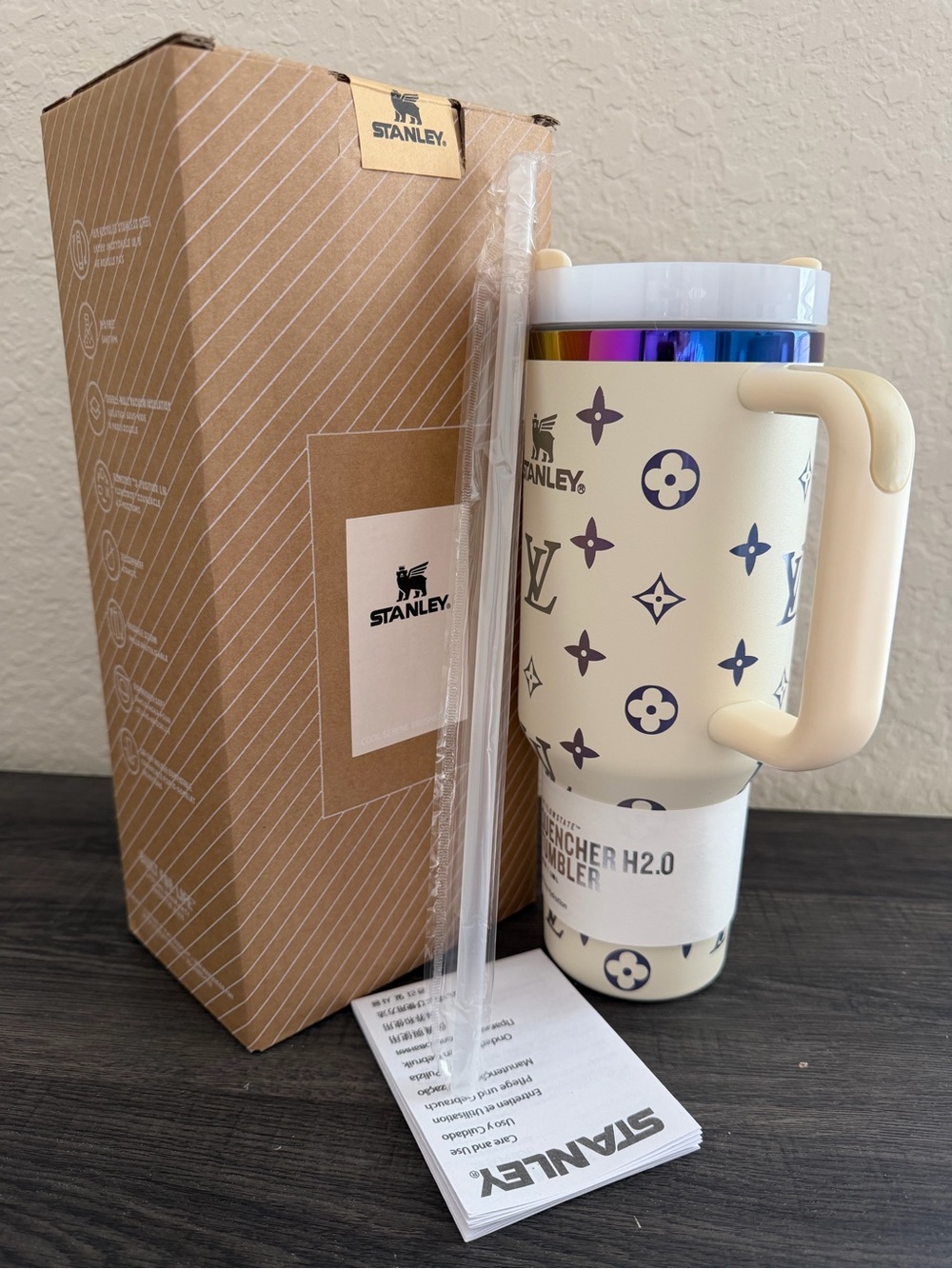 Cream 40oz Tumbler Monogram Style Rainbow Lid Handle Straw New
